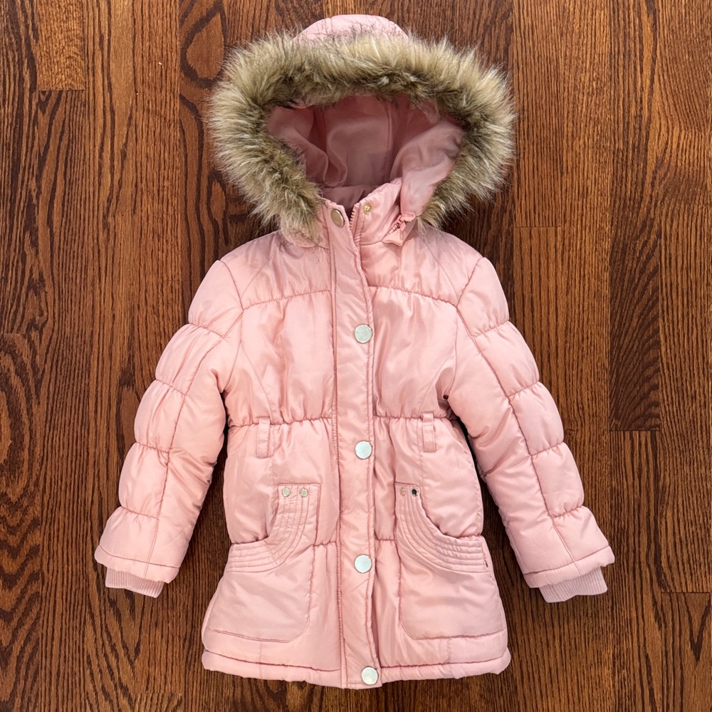 Pink Kids Puffer Jacket with Faux Fur Hood